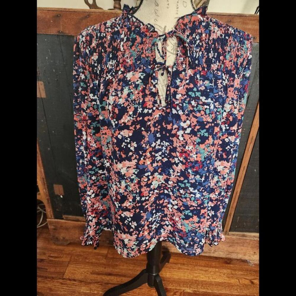 Ophelia Roe Women's Multi-Color Balloon Sleeve Keyhole Neck Blouse Top Size L